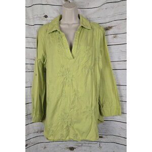 Soft Surroundings Chartreuse Embroidered Top Tunic XL Linen Blend V-Neck